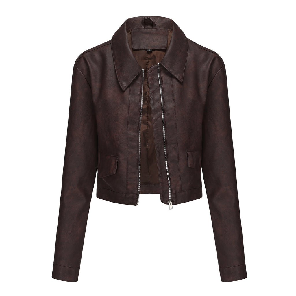 Women’s Long-sleeved Fashionable Faux Leather Jacket - Reddish Brown / S