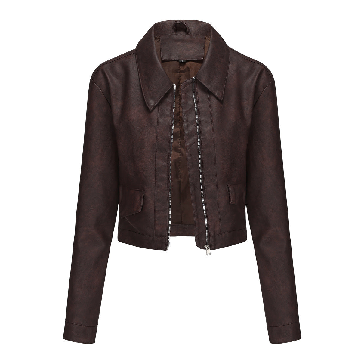 Women’s Long-sleeved Fashionable Faux Leather Jacket - Reddish Brown / S