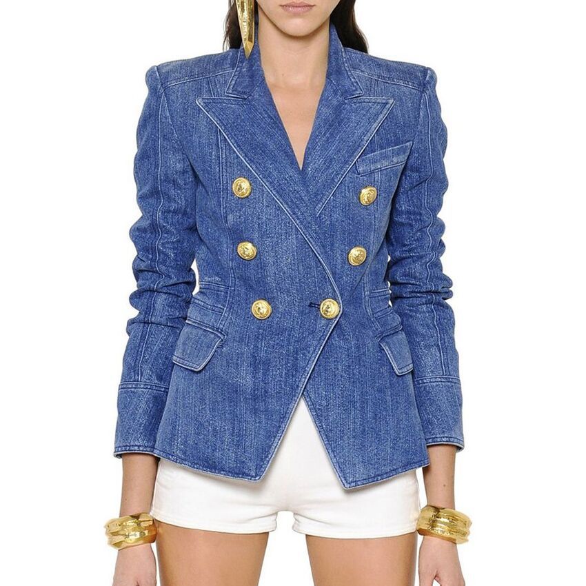 Fashionable Double-breasted Washed Denim Jacket