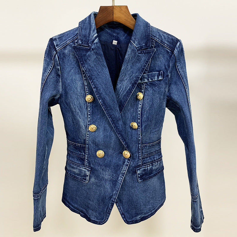 Fashionable Double-breasted Washed Denim Jacket