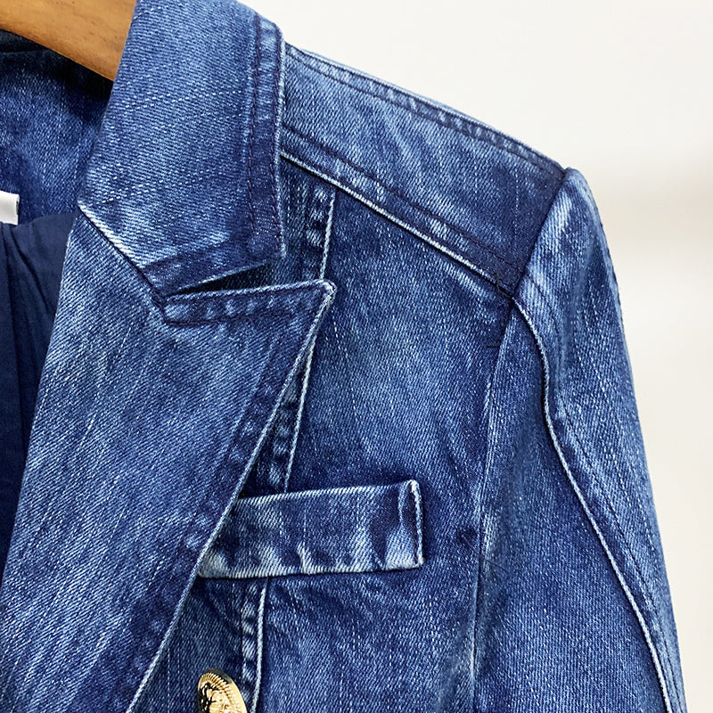 Fashionable Double-breasted Washed Denim Jacket