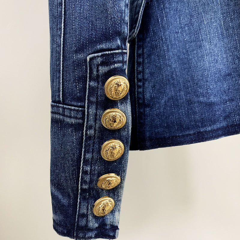 Fashionable Double-breasted Washed Denim Jacket