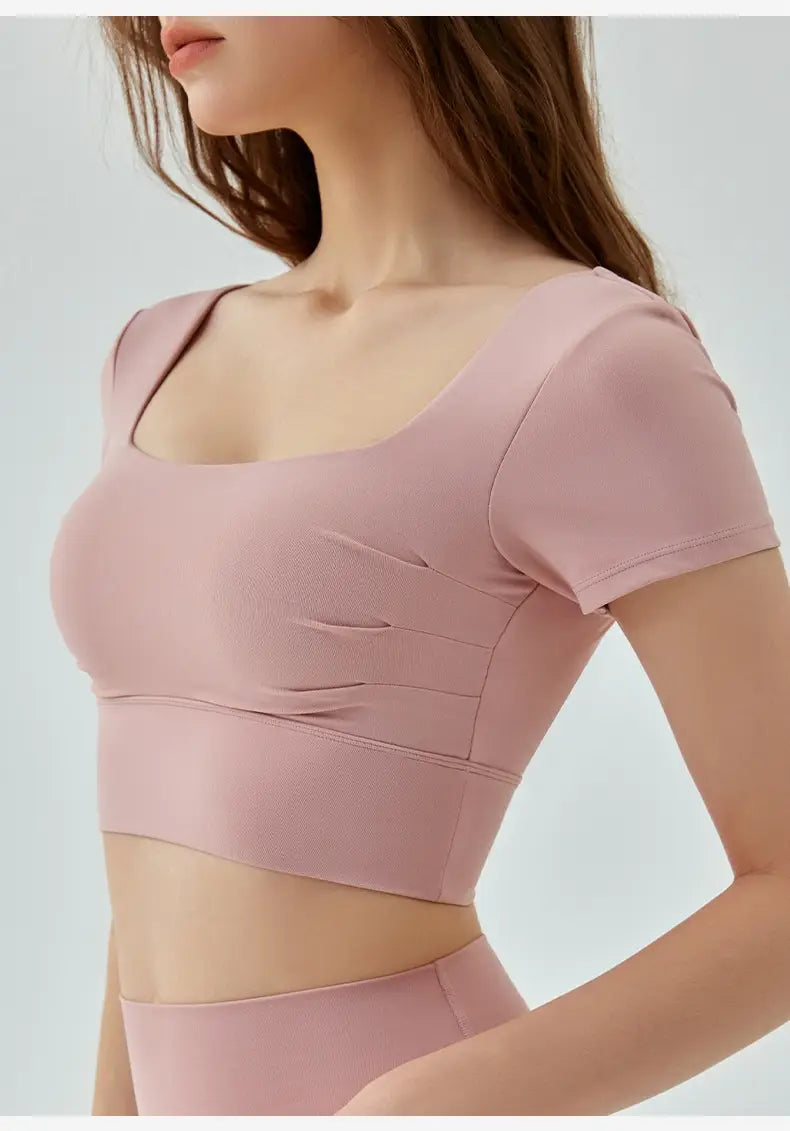 Hollow-out Beauty Back Yoga Short Sleeve Women’s Removable Chest Pad Workout Top
