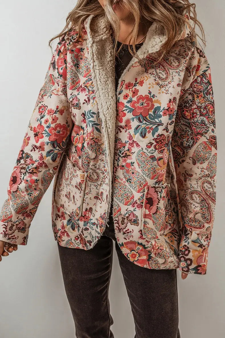 Casual Fleece Printed Long Sleeve Hooded Jacket