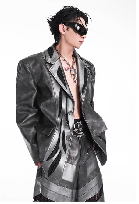 Patchwork Hollow-out Knitmesh PU Autumn And Winter Heavy Casual Pants