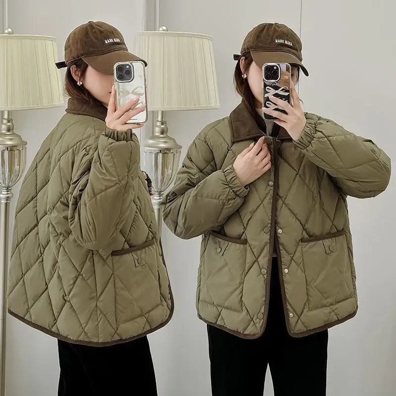 Classic Rhombus Cotton-padded Clothes Disposable PU Leather Loose Contrast Color And Versatile