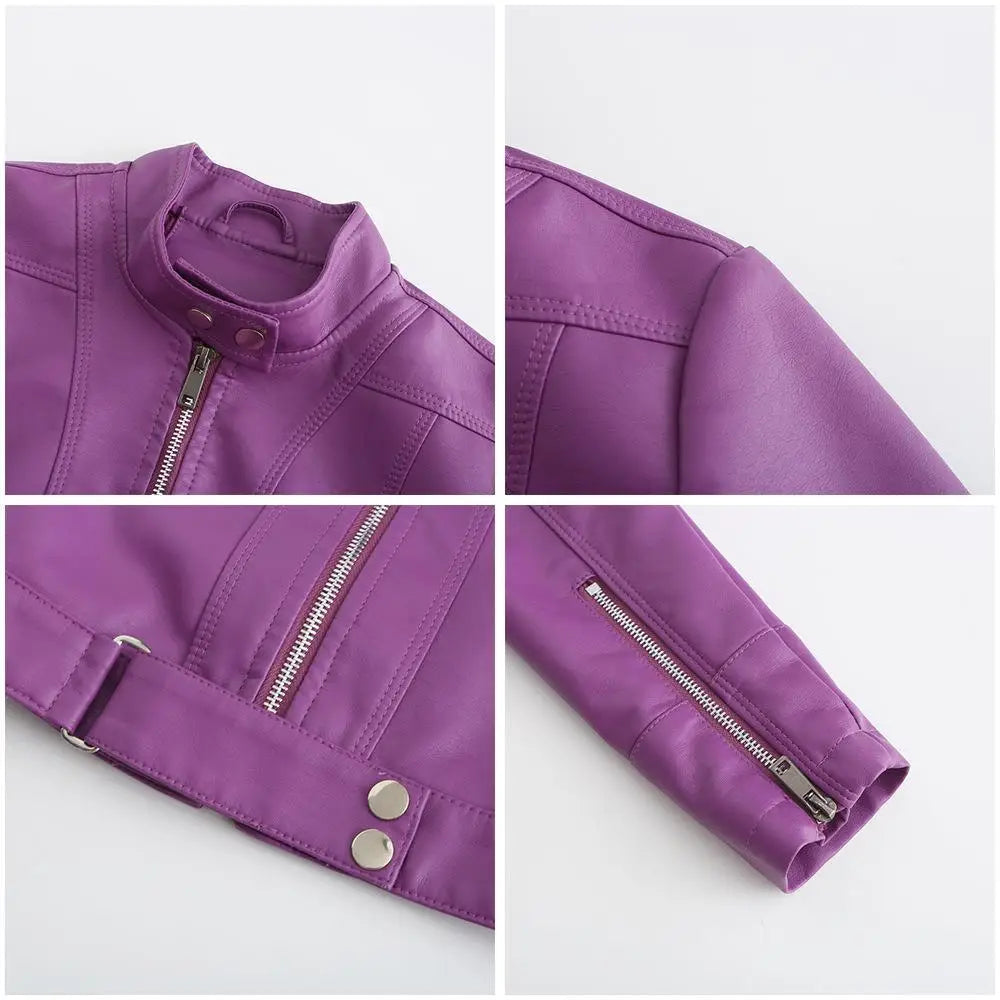 Women’s Short Leather Jacket Stand Collar Jacket Thin