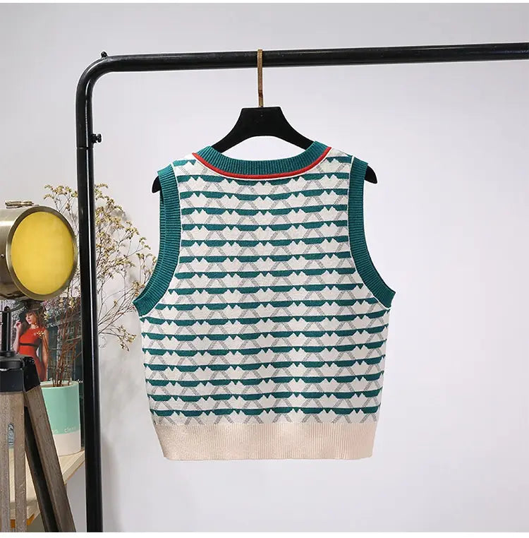 Retro Contrast Color Jacquard Ins Knitted Vest For Women