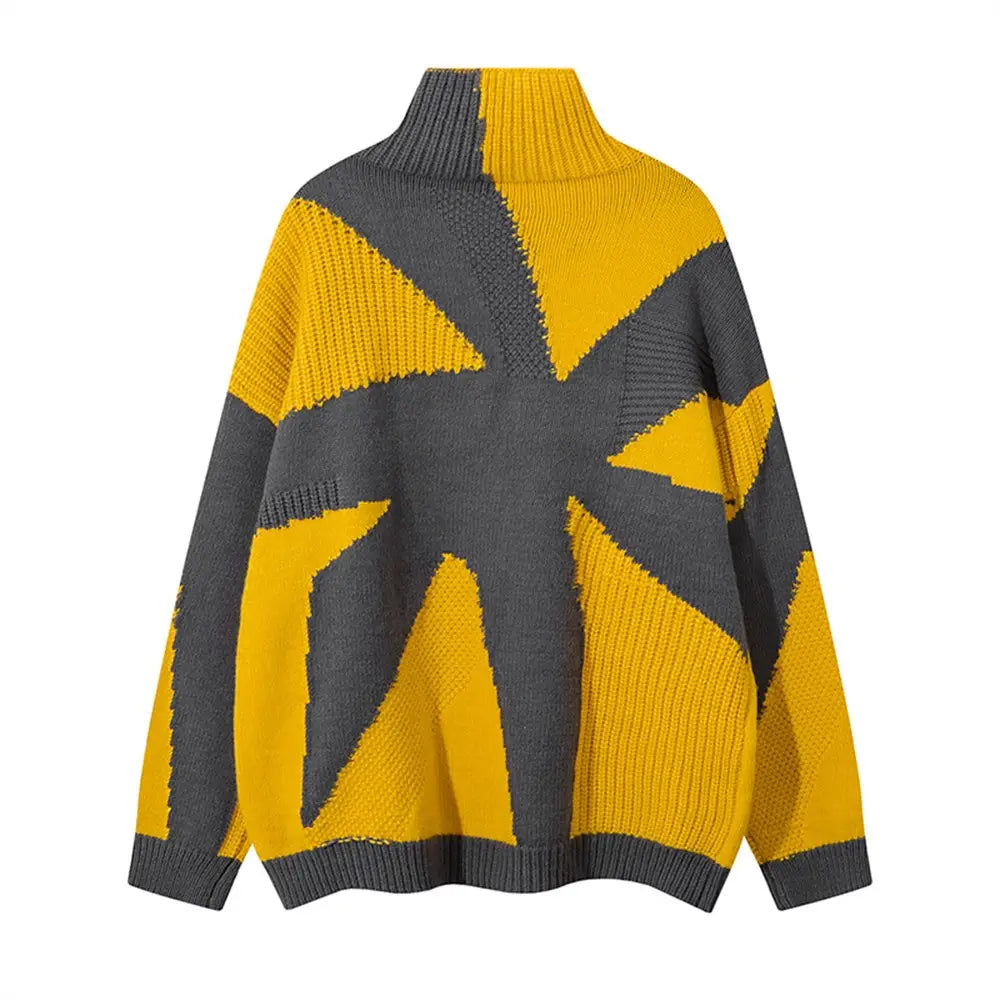 Patchwork Contrast Color Irregular Turtleneck Sweater