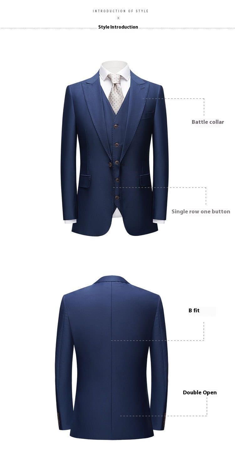 Men’s British Korean Slim Fit Dark Blue Casual Three-piece Suit