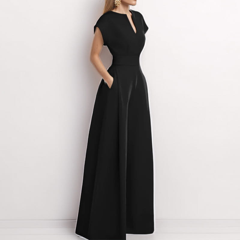Women’s Elegant Solid Color And V-neck Sleeveless Waist Wide-leg Jumpsuit
