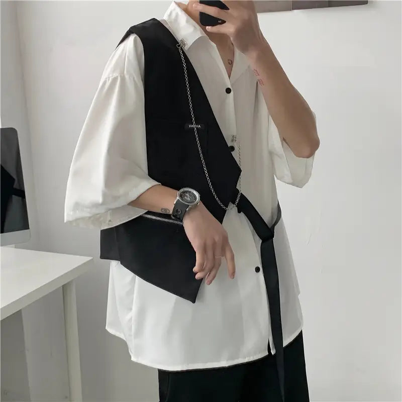 White Design Shirt Men’s Vest Stitching Personality Contrast Color