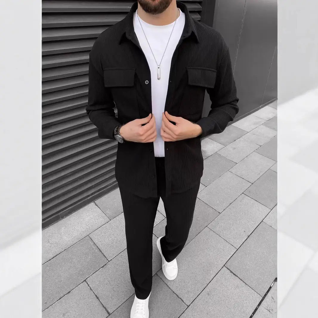 Men’s Corduroy Long Sleeve Lapel Shirt Trousers Daily Casual Suit