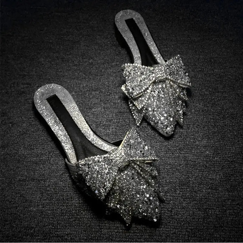 Fashion Women’s Rhinestone Pointed Bow Half Slippers