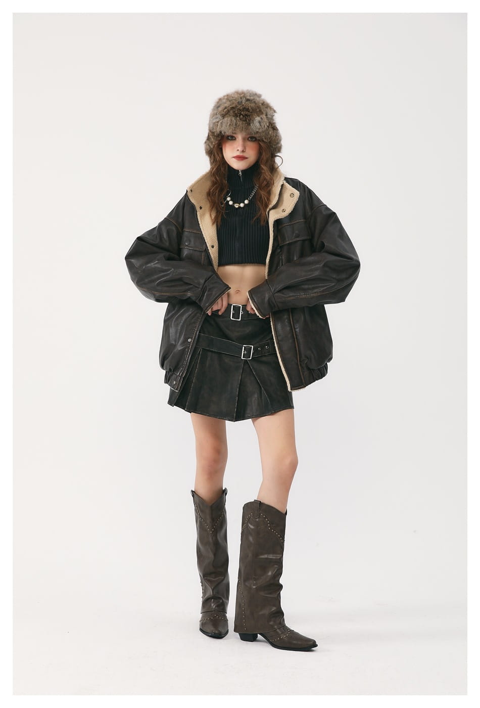 Winter PU Leather Coat Cotton-padded Coat Stand Collar Coat Thickened Lamb Wool