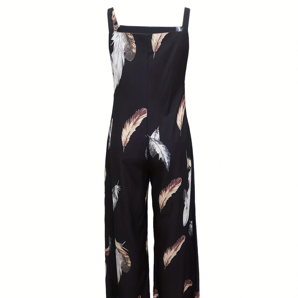 Women’s Feather Print Ruffle Hem Pleated Fashionable Jumpsuit - 5