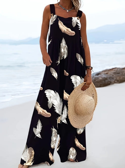 Women’s Feather Printed Fashionable Casual Jumpsuit - Black / S - 5