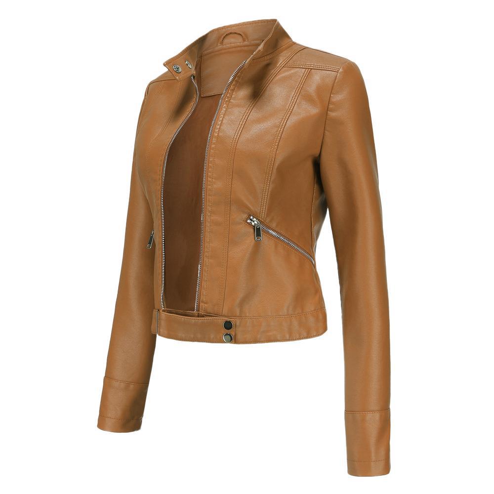 Women’s Short Leather Jacket Stand Collar Jacket Thin