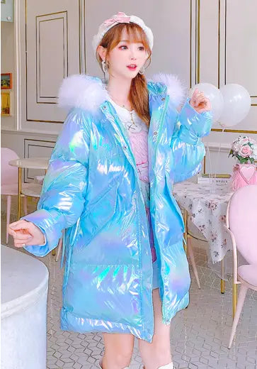 Colorful Shell-colored Down Jacket With Large Fur Collar
