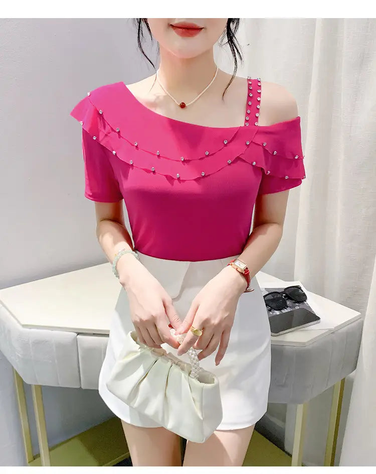 Ruffled Short Sleeves Off-the-shoulder Filamentation Top