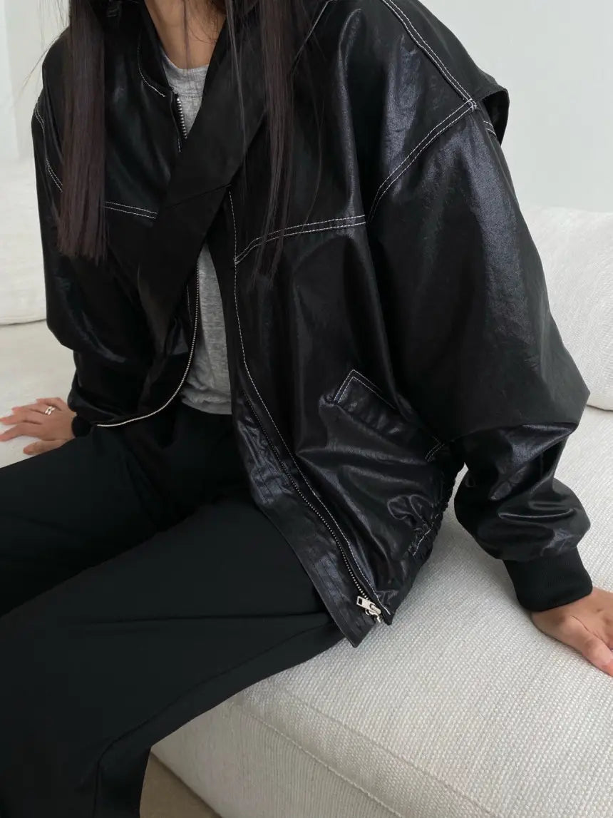 Loose Long Sleeve Leather Jacket Coat Women