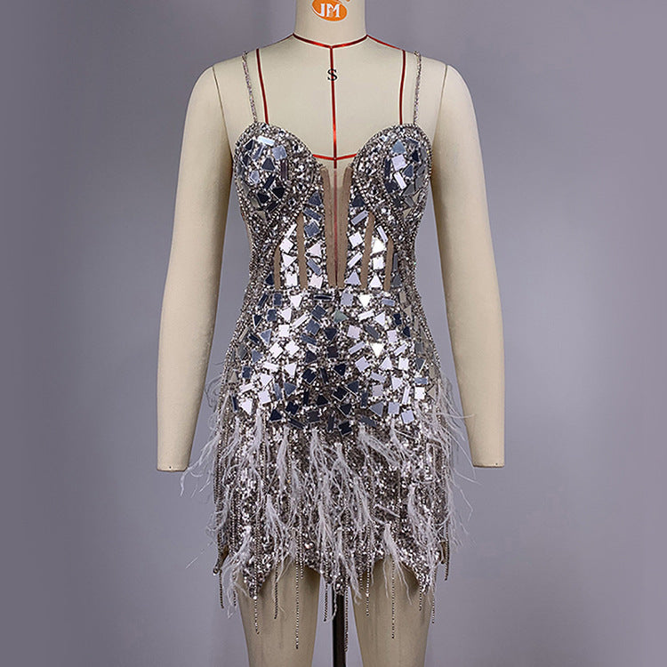 Female Summer Sequins Feather Tassel Backless Dress - Silver / S