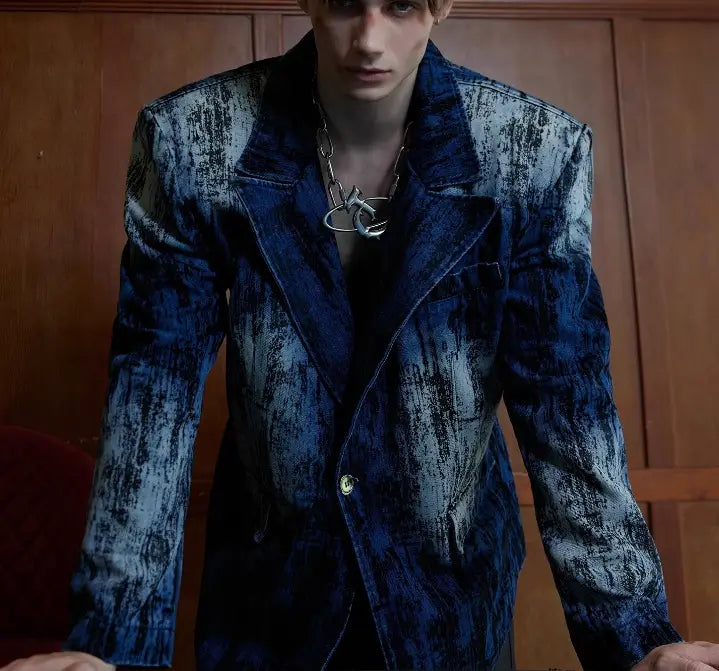 Tie-dyed Distressed Design Padded Shoulder Suit Jacket Loose