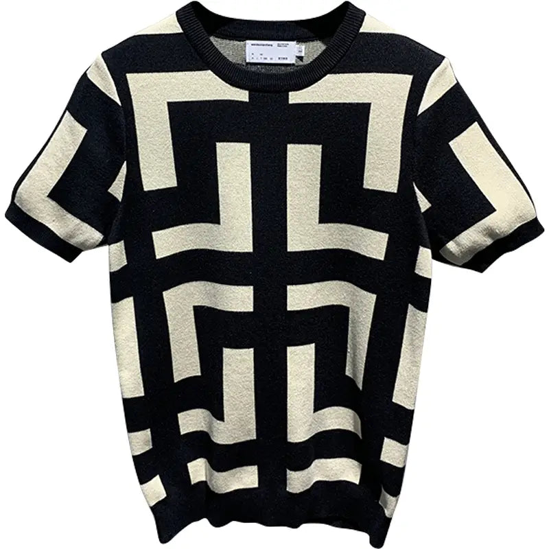 Men’s New Fashion Versatile Geometric Jacquard Sweater Half Sleeve Round Neck