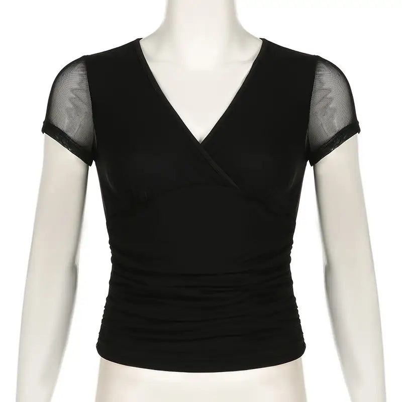 Deep V Design Small Pleated Pure Color Mesh Stitching Short Sleeve