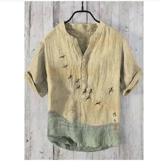 Short-sleeved Shirt 3D Printed Slub Casual Loose Pullover