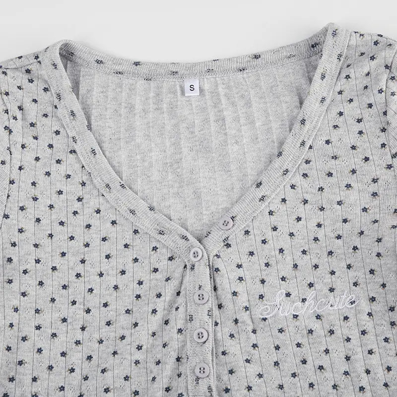 Floral Letter Embroidered Breasted Sunken Stripe V-neck Short Sleeve