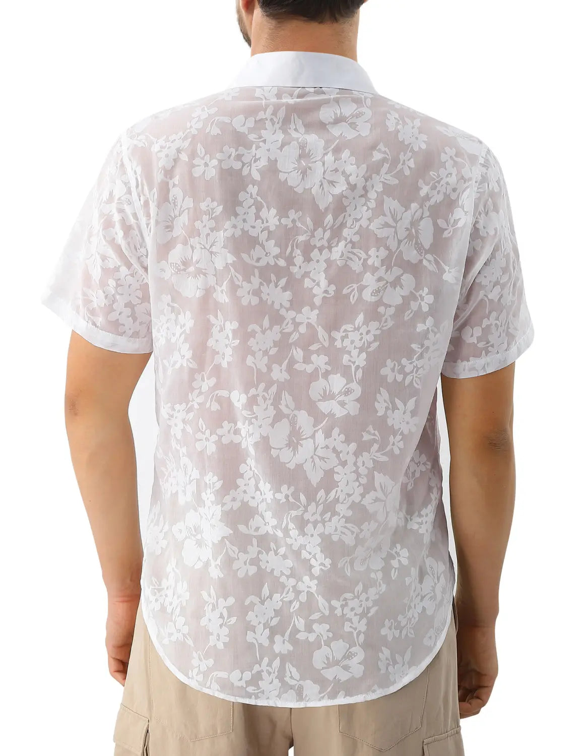 Hawaiian Jacquard Shirt Transparent Cutout Short Sleeve Thin Holiday Beach Shirt