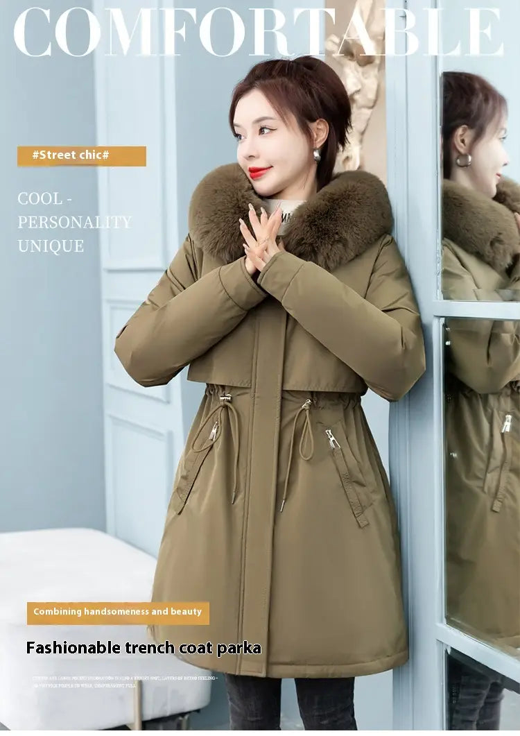 Women’s Mid-length Loose Cotton Coat Fleece-lined Thickened Cinched Coat