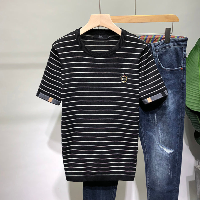 Half Sleeve Knitted Bottoming Shirt Striped Slim Fit Sweater Trend