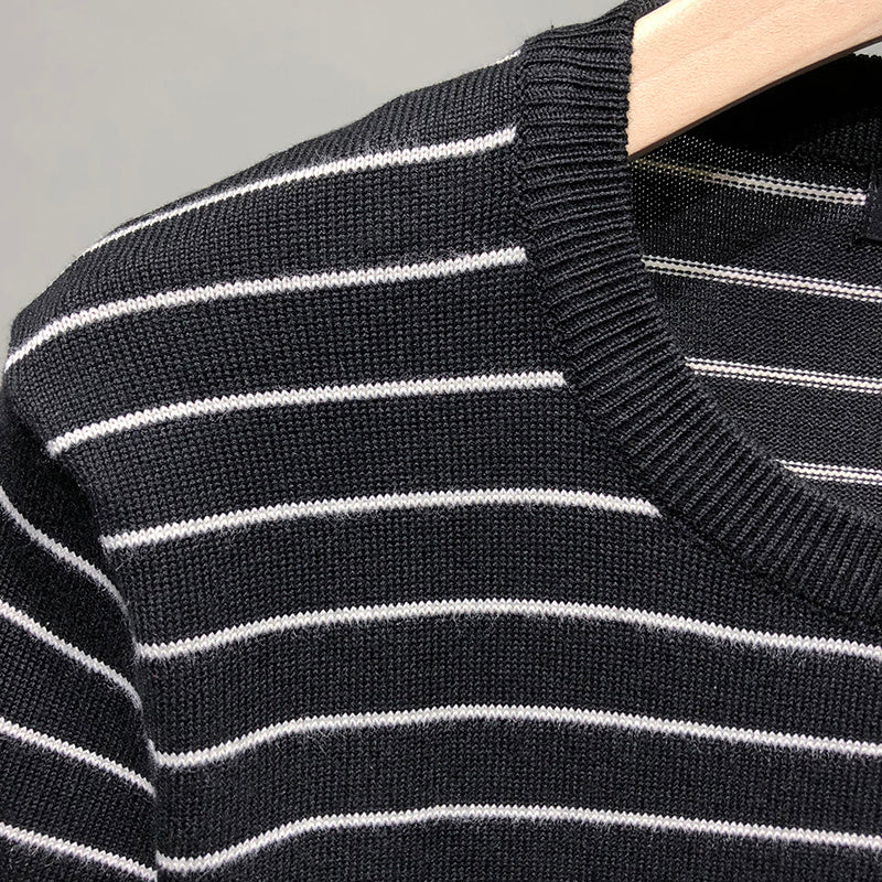 Half Sleeve Knitted Bottoming Shirt Striped Slim Fit Sweater Trend