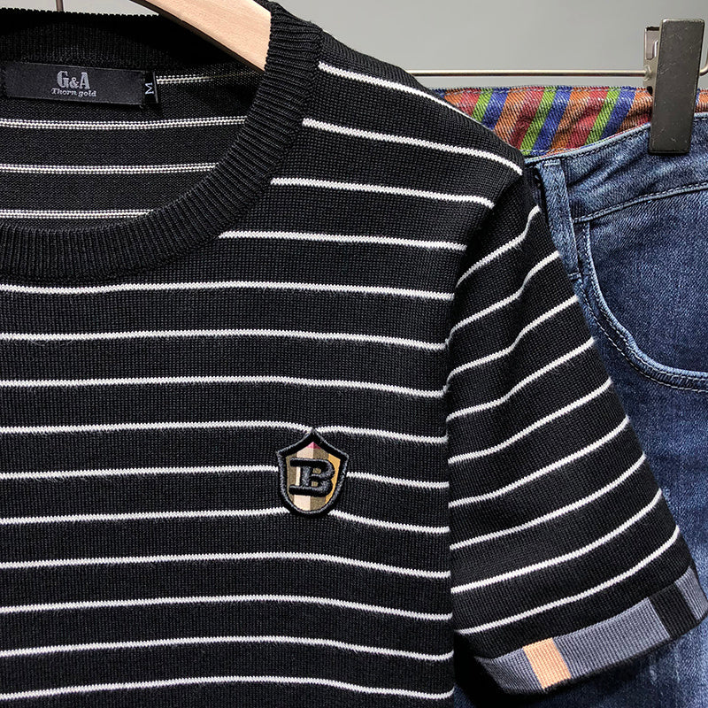 Half Sleeve Knitted Bottoming Shirt Striped Slim Fit Sweater Trend