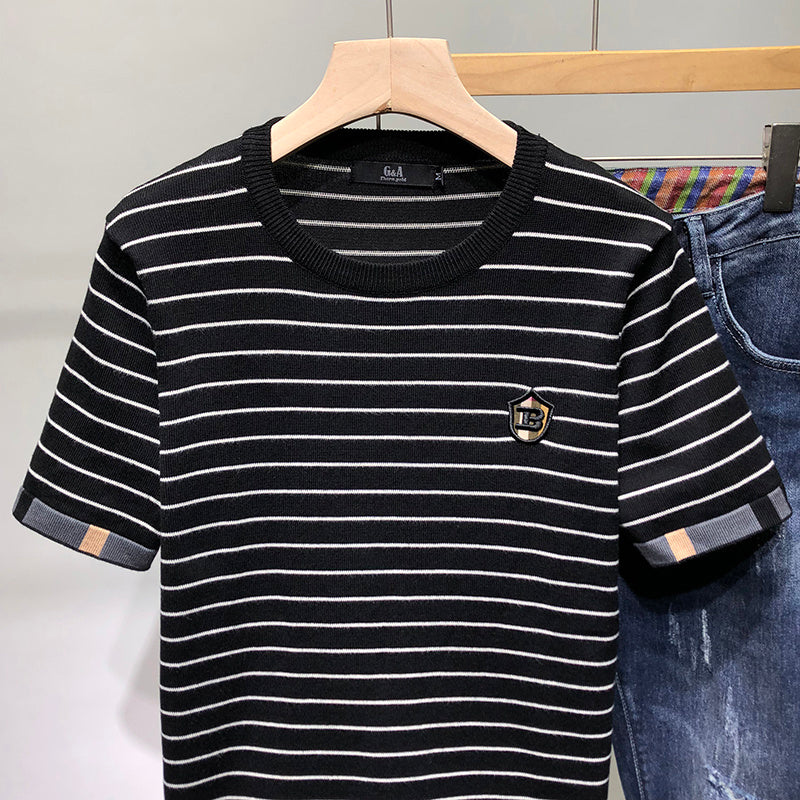 Half Sleeve Knitted Bottoming Shirt Striped Slim Fit Sweater Trend