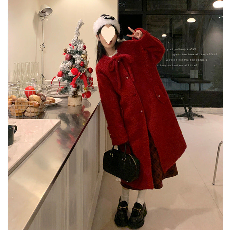 Korean Style Woolen Overknee Long Coat - New Year Red / S