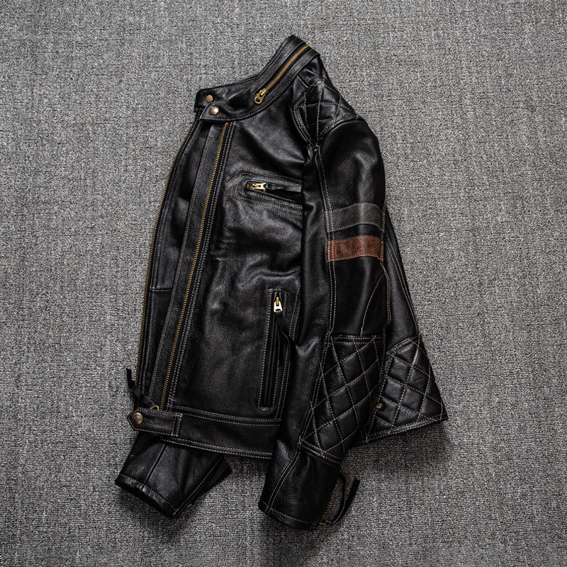 First Layer Cowhide Leather Coat Men’s Stand Collar Motorcycle Cycling Clothing
