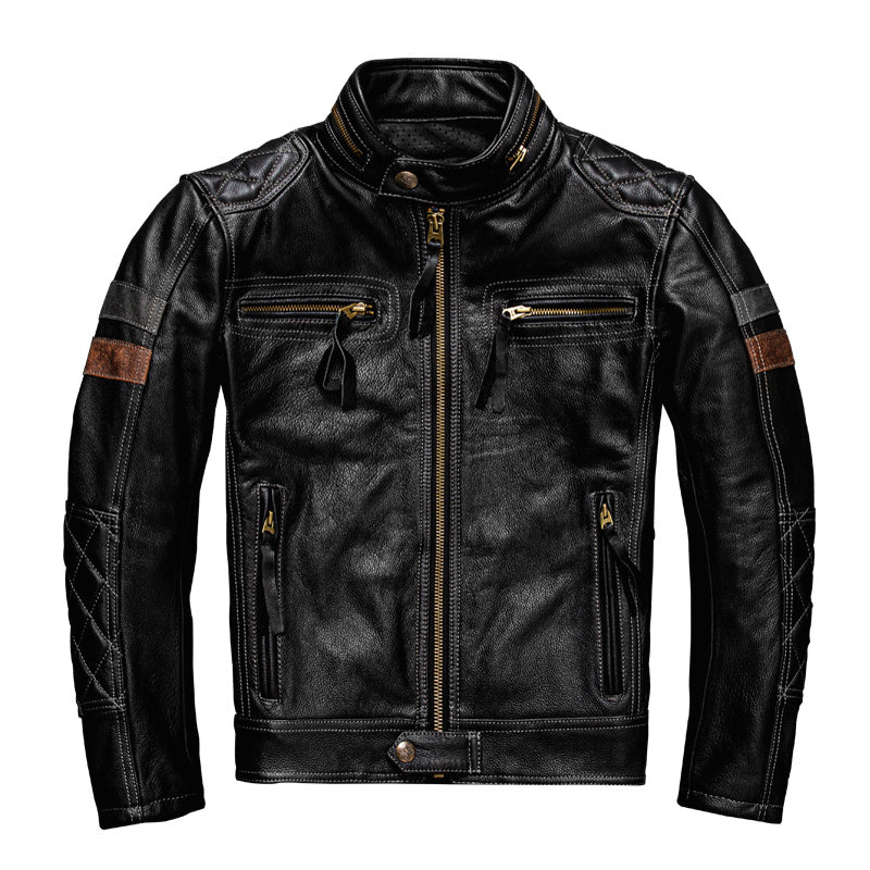 First Layer Cowhide Leather Coat Men’s Stand Collar Motorcycle Cycling Clothing