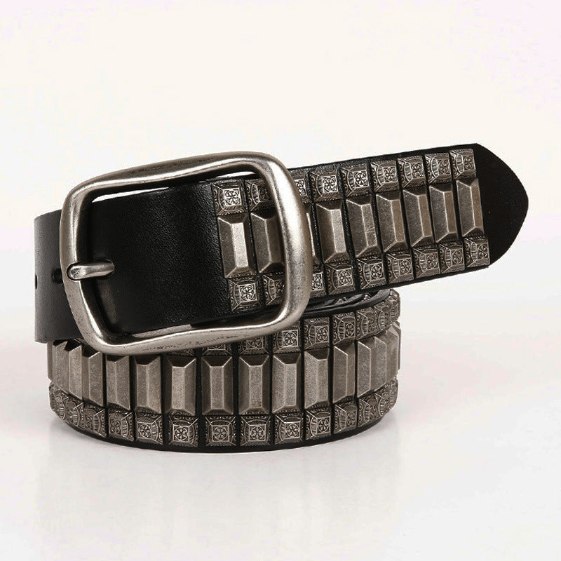 First Layer Cowhide Niche Pagoda Decorative Rivets Street Punk Belt - Black / 105cm