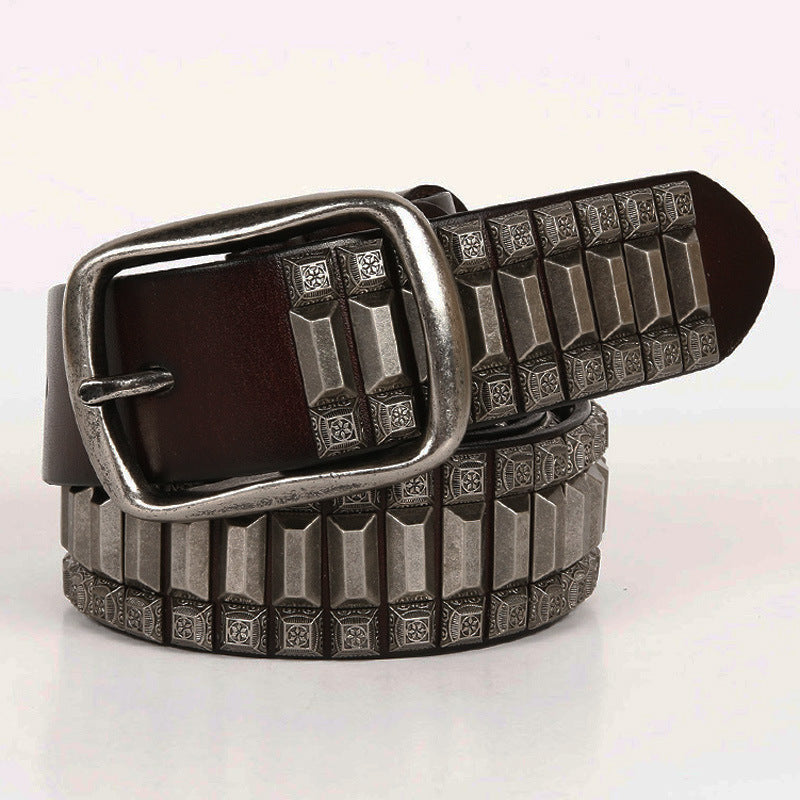 First Layer Cowhide Niche Pagoda Decorative Rivets Street Punk Belt - Brown / 105cm