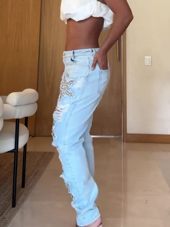 Five-pointed Star Hot Diamond Ripped Jeans - 4