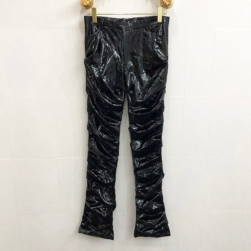Mirror Fit Pleated Flare Leather Pants For Men And Women - Black / S