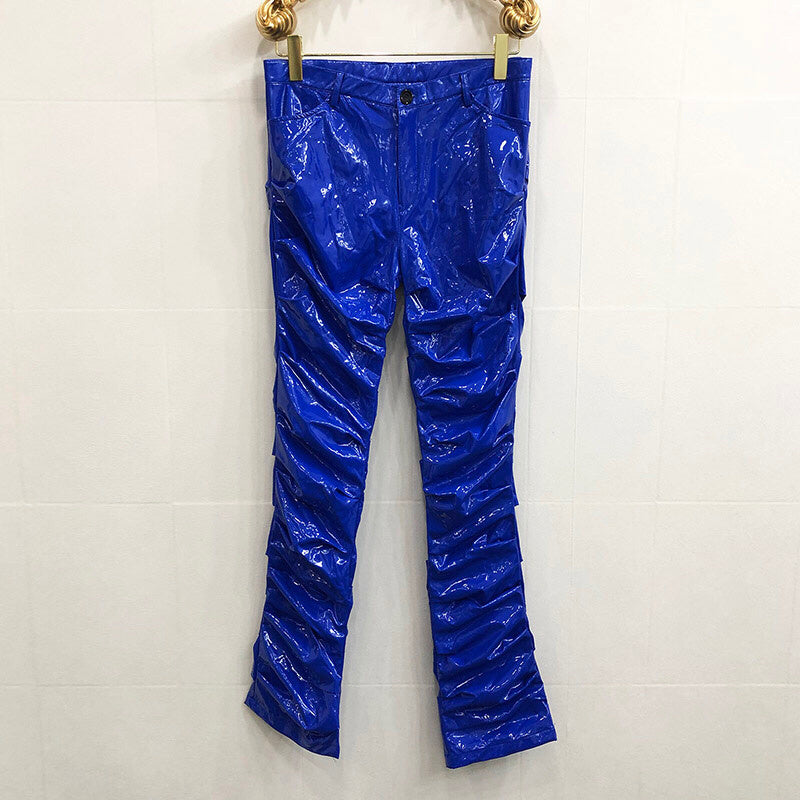 Mirror Fit Pleated Flare Leather Pants For Men And Women - Blue / S