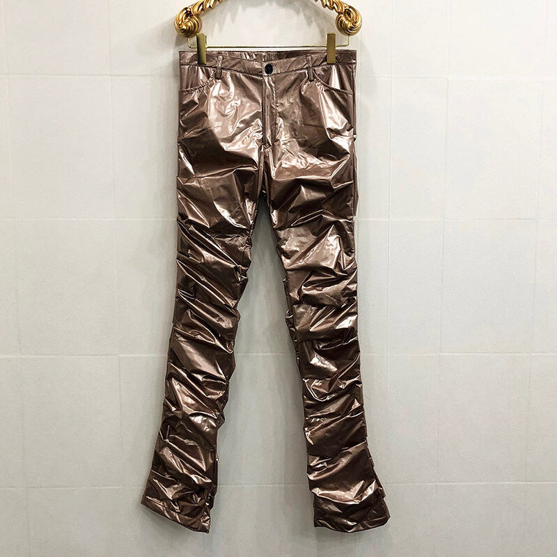 Mirror Fit Pleated Flare Leather Pants For Men And Women - Gold / S