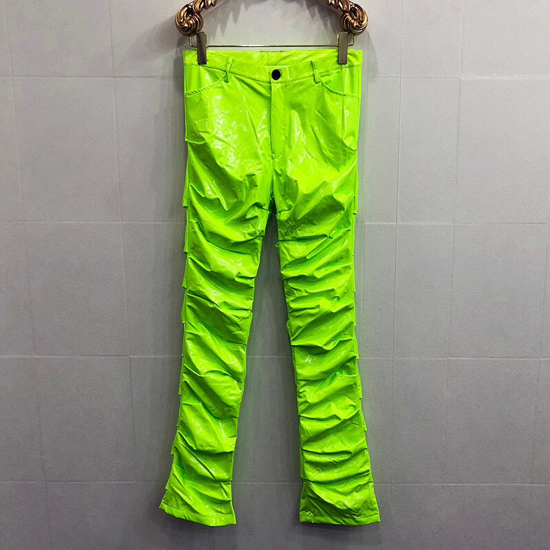 Mirror Fit Pleated Flare Leather Pants For Men And Women - Light Green / S