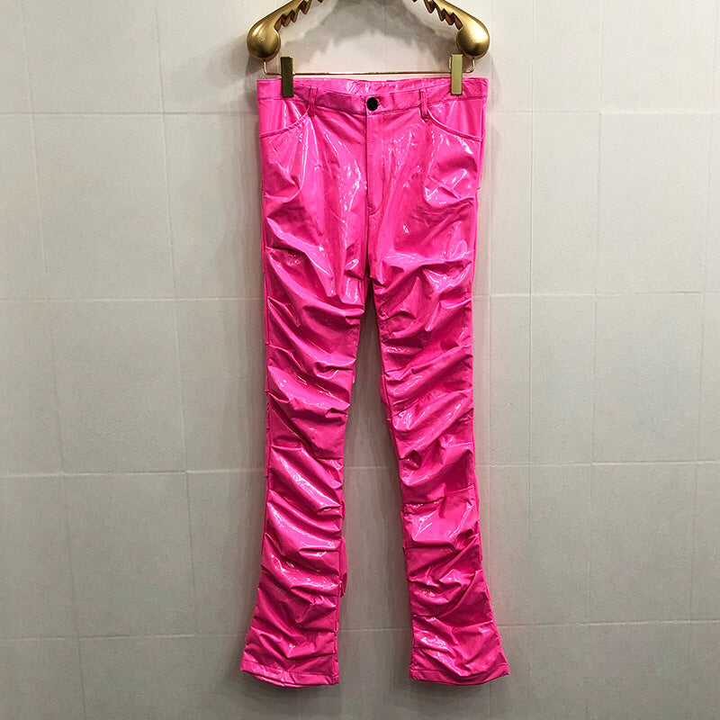 Mirror Fit Pleated Flare Leather Pants For Men And Women - Pink / S
