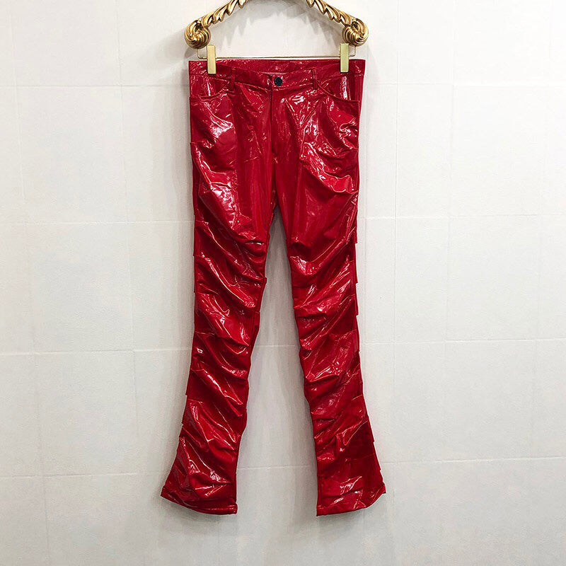 Mirror Fit Pleated Flare Leather Pants For Men And Women - Red / S