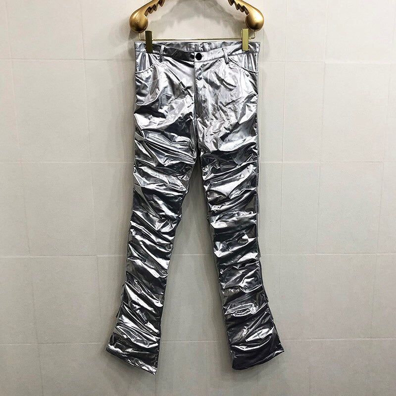 Mirror Fit Pleated Flare Leather Pants For Men And Women - Silver / S